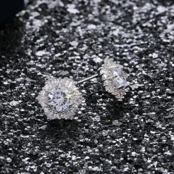 Sterling Silver Diamond Hexagon Halo Stud Earrings - Picture 7 of 10